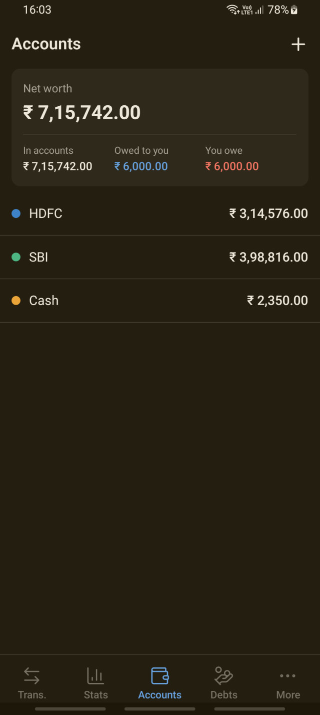 Accounts overview with live balances (dark theme)