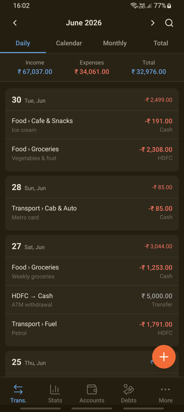 Shareef Money transactions list in dark theme