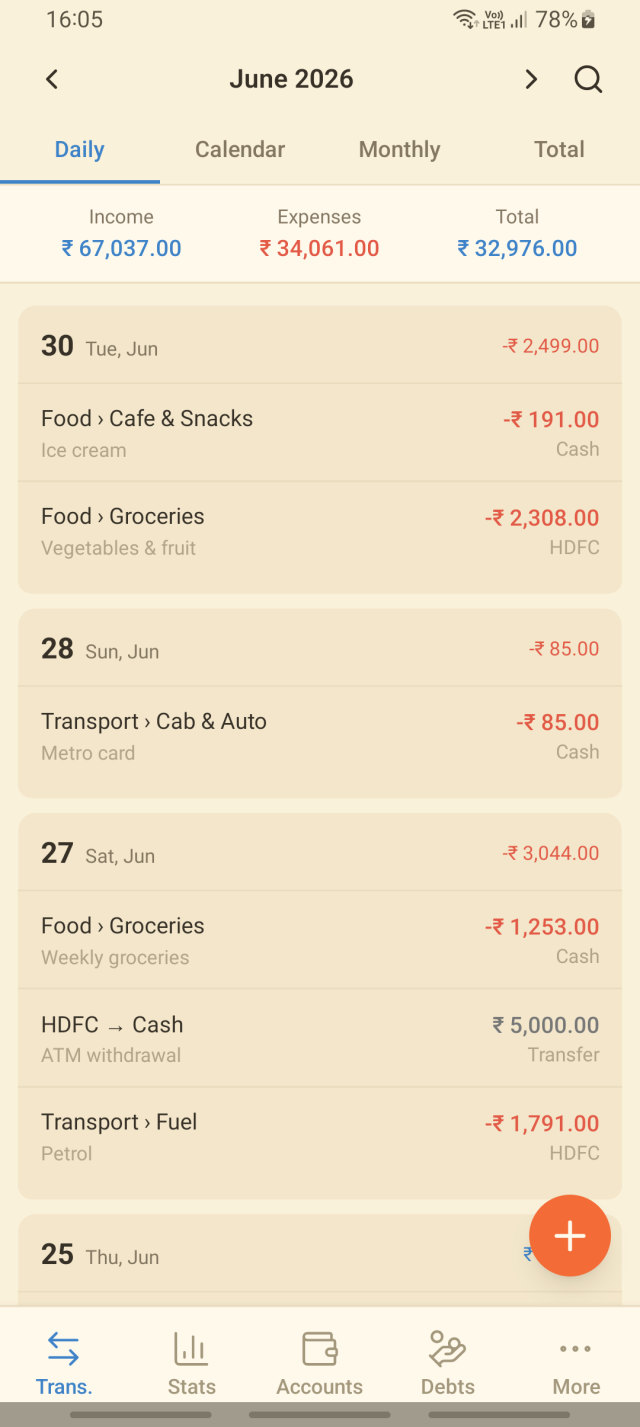 Shareef Money transactions list in light theme, showing daily income, expenses and totals in rupees